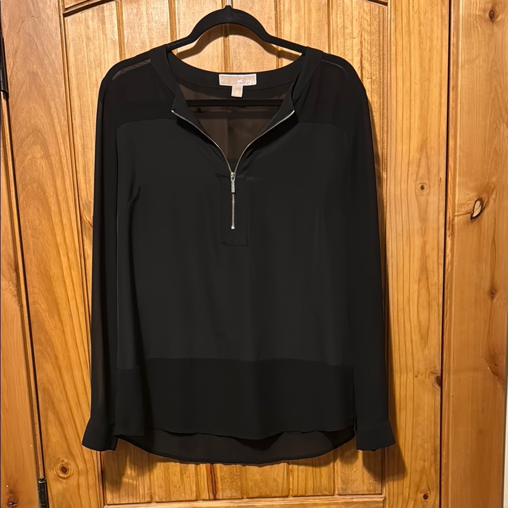 Black Women's Top size 10 Michael Kors zip matte satin like and sheer.